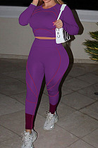 Purple Euramerican High Waist Long Sleeve Round Collar Yoga Suit Pants Sets QQM4336-1