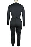 Black Women Autumn Winter Pure Color Ruffle Long Sleeve Pants Sets QQM4335-1