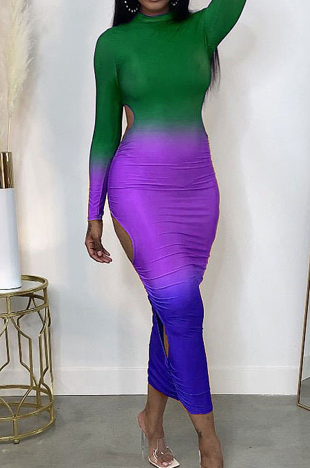 Green Gradient Long Sleeve High Neck Hollow Out Slim Fitting Maxi Dress ZDD31162-3