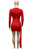 Red Women Club Party Sequins Hollow Out Streamer Pure Color Mini Dress Q947-2