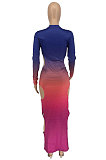 Drak Blue Gradient Long Sleeve High Neck Hollow Out Slim Fitting Maxi Dress ZDD31162-2