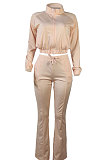 Coffee Women Solid Color Long Sleeve Cardigan Zipper Sport Flare Leg Pants Sets LML163-7