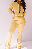 Yellow Women Solid Color Long Sleeve Cardigan Zipper Sport Flare Leg Pants Sets LML163-4