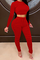 Red Women Autumn Winter Pure Color Ruffle Long Sleeve Pants Sets QQM4335-4