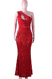 Red Euramerican Women Club Suit Solid Color Hollow Out Sequins Evening Dress Sexy Long Dress Q942