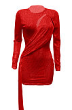 Red Women Club Party Sequins Hollow Out Streamer Pure Color Mini Dress Q947-2