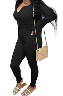 Black Euramerican Women Autumn Winter Ribber Pure Color Zipper Cardigan Bodycon Long Pants Sets Q939-3