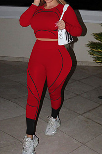 Red Euramerican High Waist Long Sleeve Round Collar Yoga Suit Pants Sets QQM4336-2