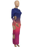 Violet Gradient Long Sleeve High Neck Hollow Out Slim Fitting Maxi Dress ZDD31162-1