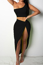 Black Euramerican Women Ruffle Solid Color One Shoulder High Split Skirts Sets MY9268-3