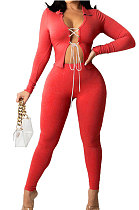 Red Cotton Blend Long Sleeve Bandage Top Bodycon Pants Solid Color Sets ZNN9108-2