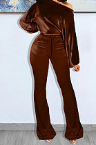 Coffee Wholesale Velvet Long Sleeve Oblique Shoulder Top Flare Pants Solid Color Sets YX9298-1