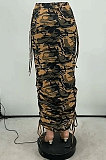 Grey Fashion Camouflage Print Ruffle Drawsting Slim Fitting Maxi Skirts ZNN9110-1