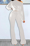 Wine Red Wholesale Velvet Long Sleeve Oblique Shoulder Top Flare Pants Solid Color Sets YX9298-2