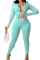 Mint Green Cotton Blend Long Sleeve Bandage Top Bodycon Pants Solid Color Sets ZNN9108-4