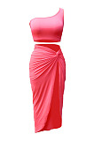 Yellow Euramerican Women Ruffle Solid Color One Shoulder High Split Skirts Sets MY9268-1