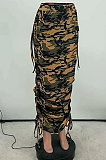 Grey Fashion Camouflage Print Ruffle Drawsting Slim Fitting Maxi Skirts ZNN9110-1