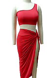 Red Euramerican Women Ruffle Solid Color One Shoulder High Split Skirts Sets MY9268-2
