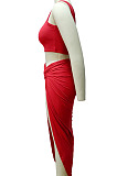 Red Euramerican Women Ruffle Solid Color One Shoulder High Split Skirts Sets MY9268-2