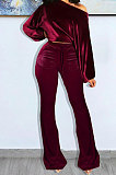 Black Wholesale Velvet Long Sleeve Oblique Shoulder Top Flare Pants Solid Color Sets YX9298-5