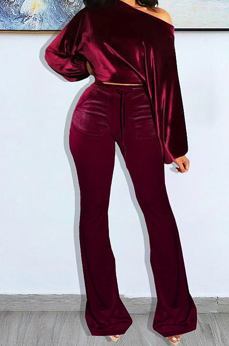 Wine Red Wholesale Velvet Long Sleeve Oblique Shoulder Top Flare Pants Solid Color Sets YX9298-2