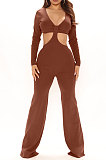 Wine Red Club Ribber Long Sleeve V Neck Hollow Out Solid Color Slim Fitting Flare Jumpsuits YT3291-3
