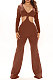 Coffee Club Ribber Long Sleeve V Neck Hollow Out Solid Color Slim Fitting Flare Jumpsuits YT3291-5