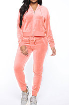 Pink Women Korea Velvet Ribber Spliced Pure Color Long Sleeve Cardigan Hooded Casual Pants Sets Q950-1
