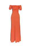 Orange Euramerican Women Solid Color Backless A Word Shoulder Mid Waist Long Dress ED8523-1