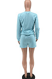 Light Blue Casual Pattern Print Long Sleeve Round Neck T-Shirt Shorts Sport Sets ZNN9109-1