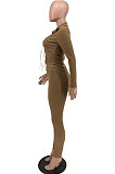 Camel Cotton Blend Long Sleeve Bandage Top Bodycon Pants Solid Color Sets ZNN9108-1