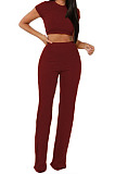 Wine Red Fashion Casual High Elastic Cotton Shor Sleeve Top Pure Color Ribber Loose Pants Sets MY9298-8