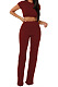 Wine Red Fashion Casual High Elastic Cotton Shor Sleeve Top Pure Color Ribber Loose Pants Sets MY9298-8