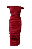 Red Ruffle Sexy A Word Shoulder Bodycon Pure Color Korea Velvet Long Dress MY9351-3