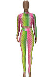 Green Colorful Long Sleeve High Neck Crop Top Pencil Pants Hollow Out See-Through Sets YT3290-1
