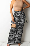 Black Fashion Camouflage Print Ruffle Drawsting Slim Fitting Maxi Skirts ZNN9110-3