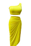 Neon Green Euramerican Women Ruffle Solid Color One Shoulder High Split Skirts Sets MY9268-4