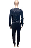 Dark Blue Women Korea Velvet Ribber Spliced Pure Color Long Sleeve Cardigan Hooded Casual Pants Sets Q950-6