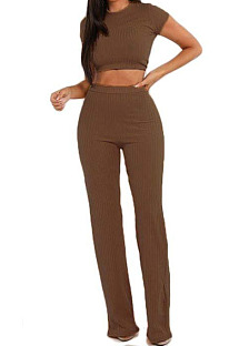 Coffee Fashion Casual High Elastic Cotton Shor Sleeve Top Pure Color Ribber Loose Pants Sets MY9298-5