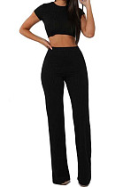 Black Fashion Casual High Elastic Cotton Shor Sleeve Top Pure Color Ribber Loose Pants Sets MY9298-4