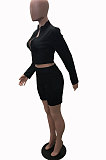 Black New Wholesale Long Sleeve Stand Collar Zipper Crop Top Shorts Solid Color Sets YSH6162-4