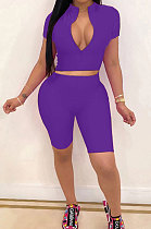 Purple Simple Pure Color Short Sleeve Zip Fron Crop Top Shorts Casual Sets YSH6163-6