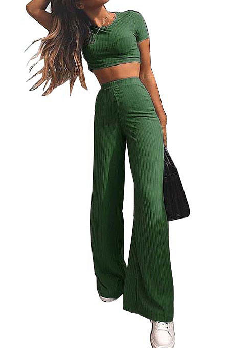 Green Fashion Casual High Elastic Cotton Shor Sleeve Top Pure Color Ribber Loose Pants Sets MY9298-6