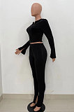 Black Wholesale New Horn Sleeve Zip Fron Top Slit Pencil Pants Slim Fitting Two-Piece YX9295-4