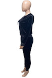 Black Women Korea Velvet Ribber Spliced Pure Color Long Sleeve Cardigan Hooded Casual Pants Sets Q950-3
