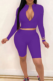 Purple New Wholesale Long Sleeve Stand Collar Zipper Crop Top Shorts Solid Color Sets YSH6162-2