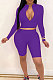 Purple New Wholesale Long Sleeve Stand Collar Zipper Crop Top Shorts Solid Color Sets YSH6162-2