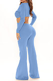Coffee Club Ribber Long Sleeve V Neck Hollow Out Solid Color Slim Fitting Flare Jumpsuits YT3291-5