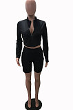 Black New Wholesale Long Sleeve Stand Collar Zipper Crop Top Shorts Solid Color Sets YSH6162-4