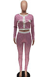 Blue Women Autumn Winter Long Sleeve Button Top Printing Tight Pants Sets NRS8080-3